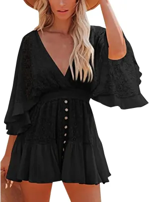 Womens Dresses Casual Sexy V Neck Ruffle Short Sleeve Elastic Waist Mini Dresses Spring Summer Flowy Elegant Dress