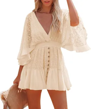 Womens Dresses Casual Sexy V Neck Ruffle Short Sleeve Elastic Waist Mini Dresses Spring Summer Flowy Elegant Dress