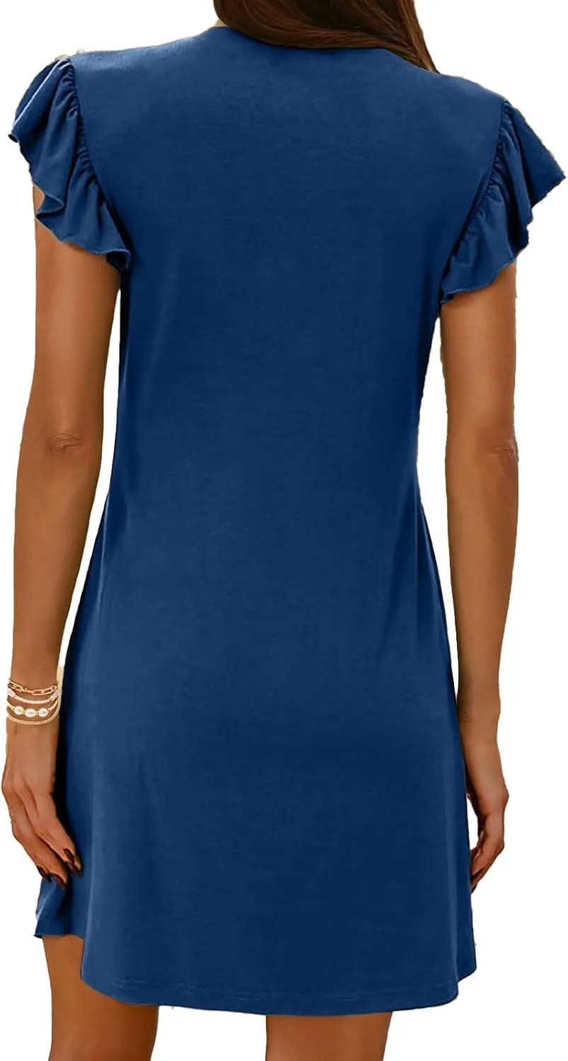 Women's Dresses Casual Summer 2025 Loose Mini Dress Cap Sleeve Deep V Neck Dress Sexy Tunic Beach Vacation Sundress