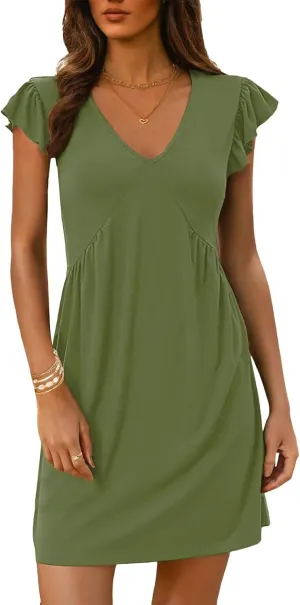 Women's Dresses Casual Summer 2025 Loose Mini Dress Cap Sleeve Deep V Neck Dress Sexy Tunic Beach Vacation Sundress
