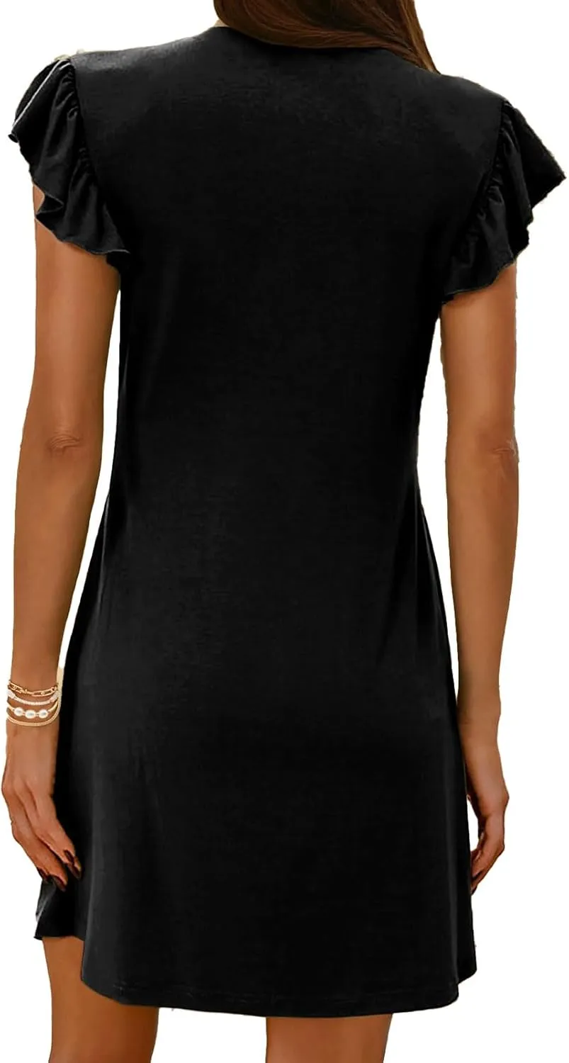 Women's Dresses Casual Summer 2025 Loose Mini Dress Cap Sleeve Deep V Neck Dress Sexy Tunic Beach Vacation Sundress