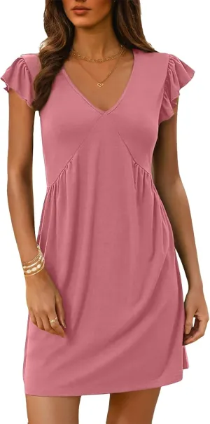 Women's Dresses Casual Summer 2025 Loose Mini Dress Cap Sleeve Deep V Neck Dress Sexy Tunic Beach Vacation Sundress
