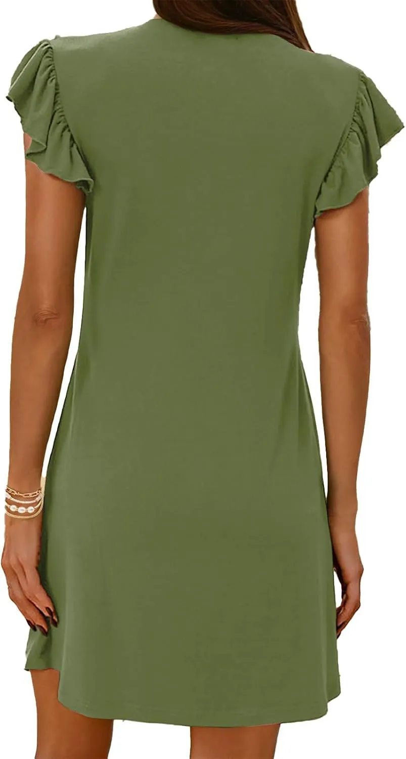 Women's Dresses Casual Summer 2025 Loose Mini Dress Cap Sleeve Deep V Neck Dress Sexy Tunic Beach Vacation Sundress