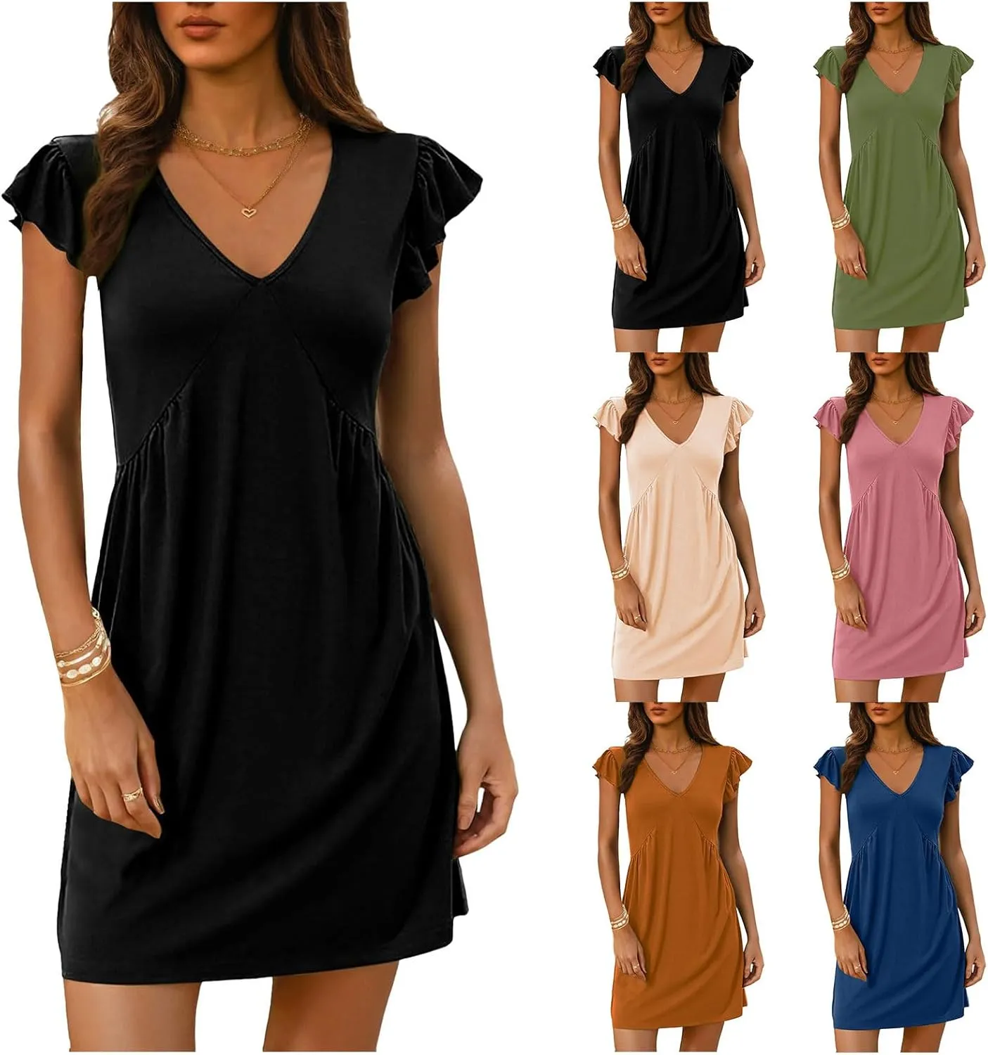 Women's Dresses Casual Summer 2025 Loose Mini Dress Cap Sleeve Deep V Neck Dress Sexy Tunic Beach Vacation Sundress