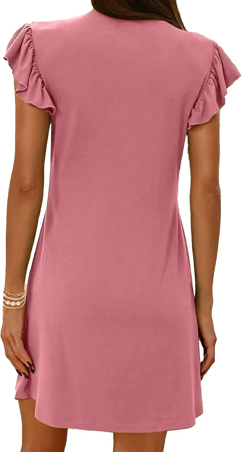 Women's Dresses Casual Summer 2025 Loose Mini Dress Cap Sleeve Deep V Neck Dress Sexy Tunic Beach Vacation Sundress