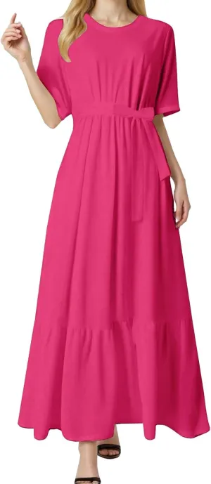 Women's Dresses Casual Summer Tiered Midi Dress Short Sleeve Belted Ruffle Babydoll Boho Sundress with Pockets