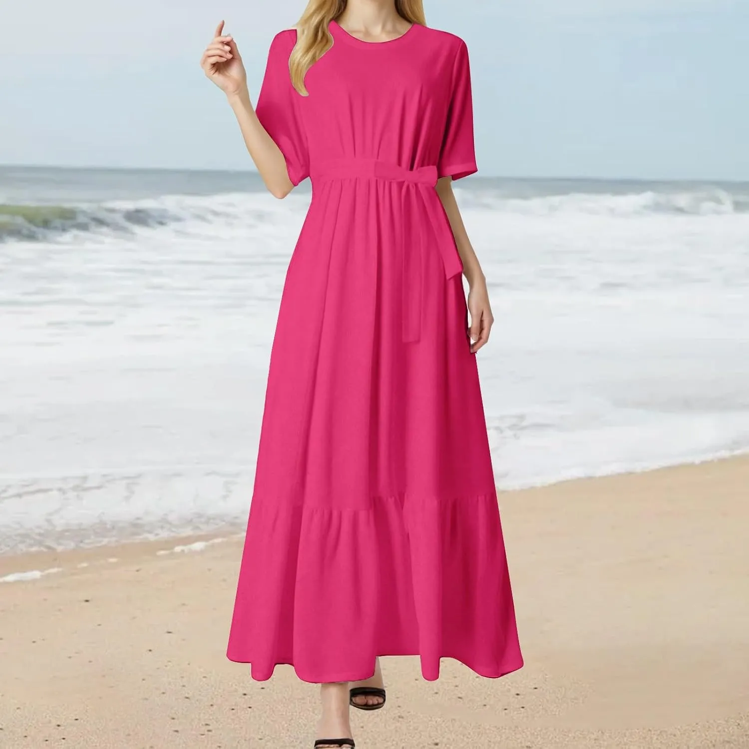 Women's Dresses Casual Summer Tiered Midi Dress Short Sleeve Belted Ruffle Babydoll Boho Sundress with Pockets