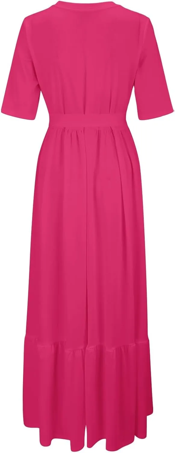 Women's Dresses Casual Summer Tiered Midi Dress Short Sleeve Belted Ruffle Babydoll Boho Sundress with Pockets