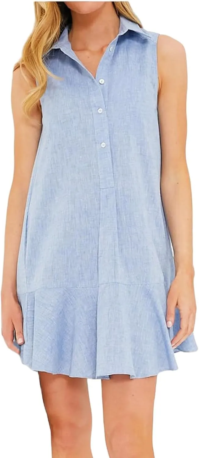 Womens Dresses Summer Loose Fit Dress Sleeveless Collared Button Down Mini Dress Ruffle Hem Dresses 2025