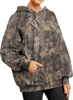 Women's Fall Outfits Camo Hoodie Maple-Leaf Print Vintage Sweatshirt Fleece Hooded Sweatshirt with Pockets