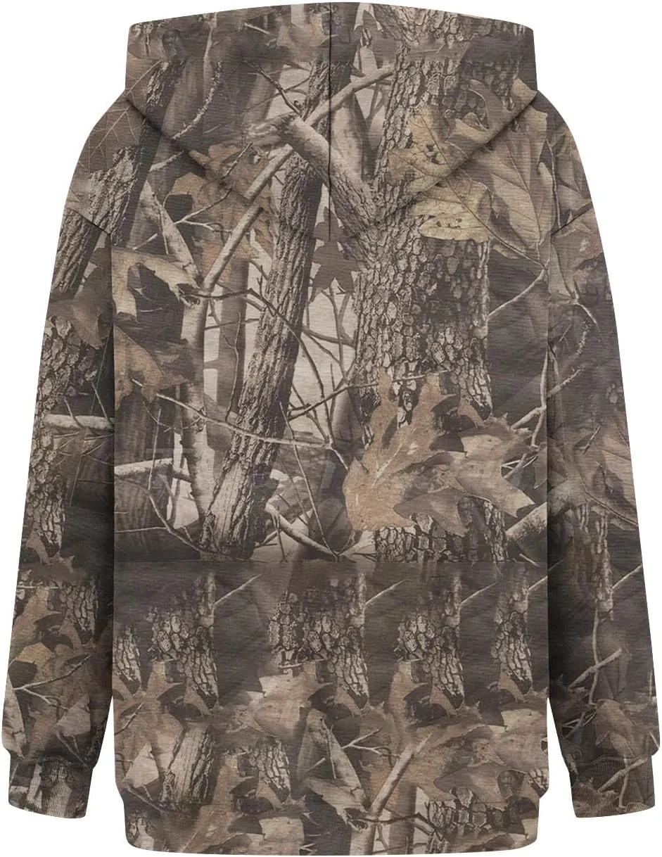 Women's Fall Outfits Camo Hoodie Maple-Leaf Print Vintage Sweatshirt Fleece Hooded Sweatshirt with Pockets