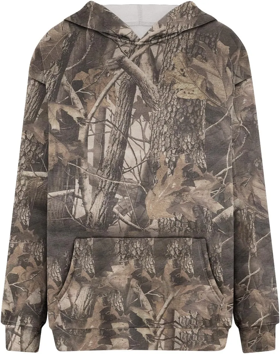 Women's Fall Outfits Camo Hoodie Maple-Leaf Print Vintage Sweatshirt Fleece Hooded Sweatshirt with Pockets