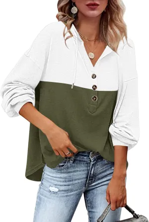 Women's Fashion Hoodies Sweatshirts Casual Button V-Neck Henley Shirts Long Sleeve Color Block Oversized Pullover Tops