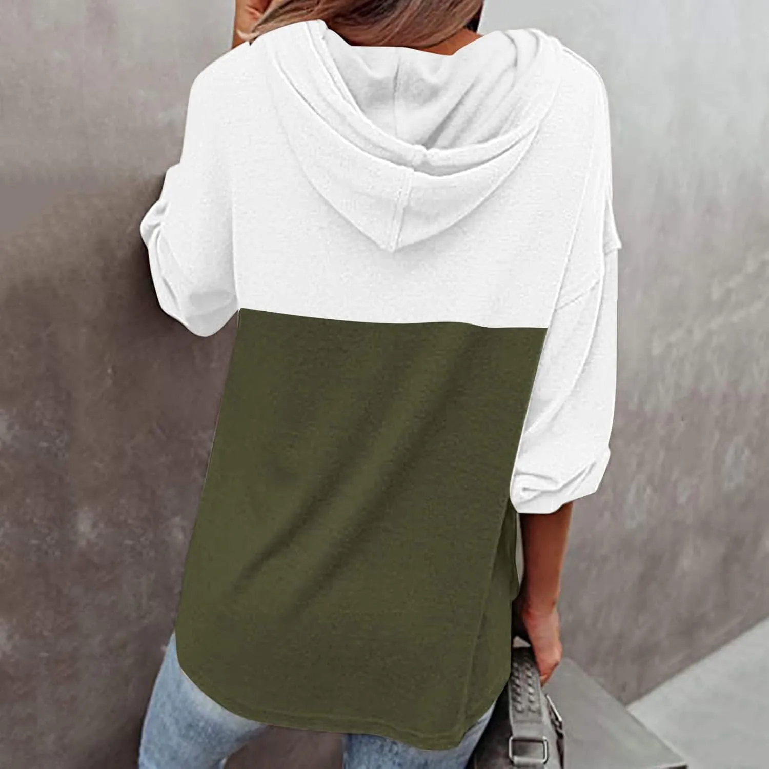 Women's Fashion Hoodies Sweatshirts Casual Button V-Neck Henley Shirts Long Sleeve Color Block Oversized Pullover Tops