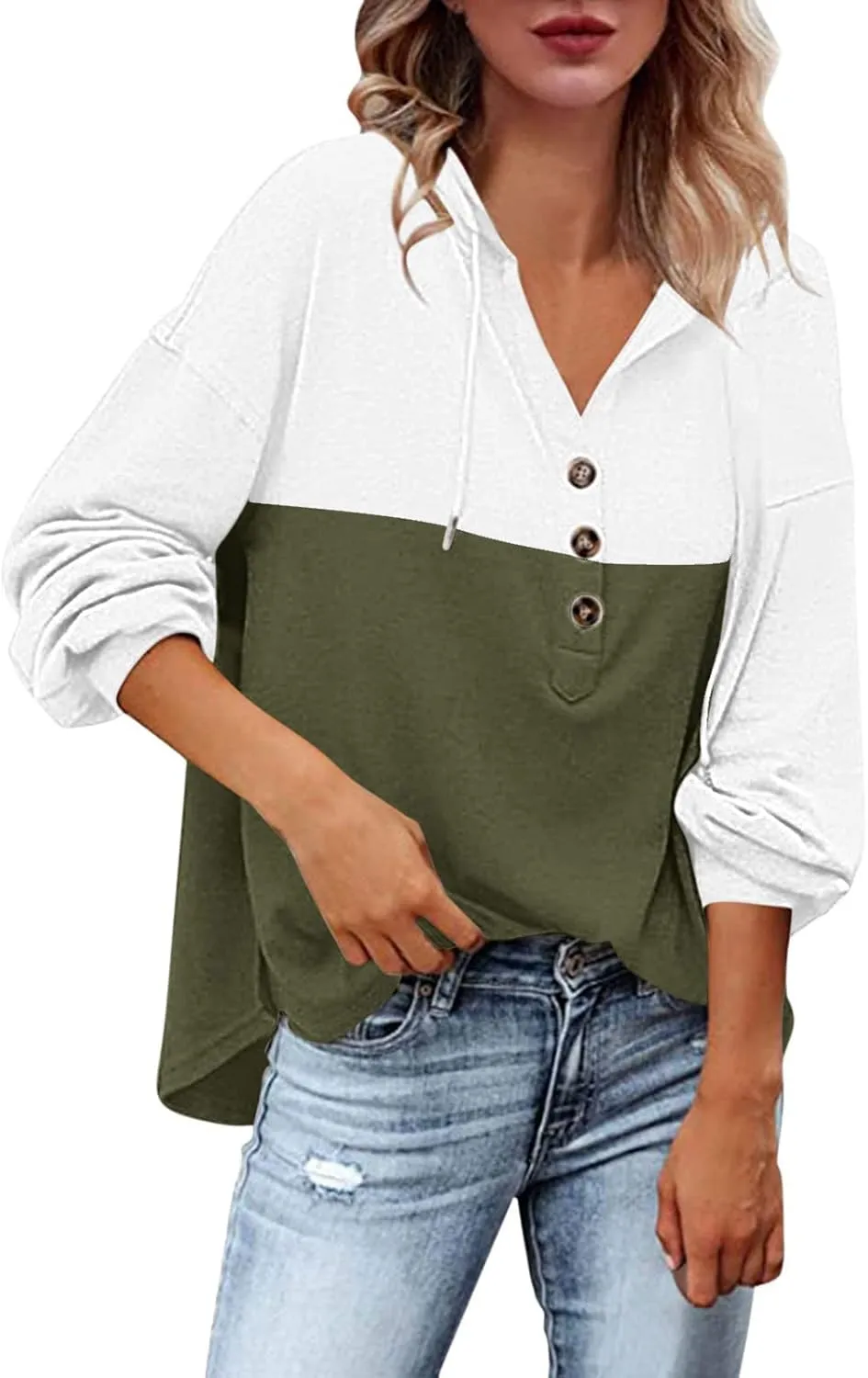 Women's Fashion Hoodies Sweatshirts Casual Button V-Neck Henley Shirts Long Sleeve Color Block Oversized Pullover Tops