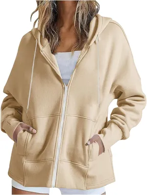 Women's Fashion Oversized Hoodie Long Sleeve Fleece Sweatshirt Full Zip Thumb Hole Pullover Pocket Casual Coat Tops