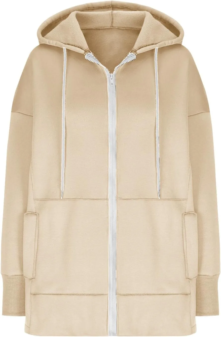 Women's Fashion Oversized Hoodie Long Sleeve Fleece Sweatshirt Full Zip Thumb Hole Pullover Pocket Casual Coat Tops