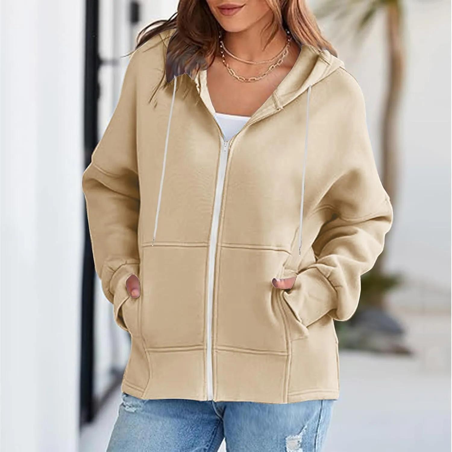 Women's Fashion Oversized Hoodie Long Sleeve Fleece Sweatshirt Full Zip Thumb Hole Pullover Pocket Casual Coat Tops