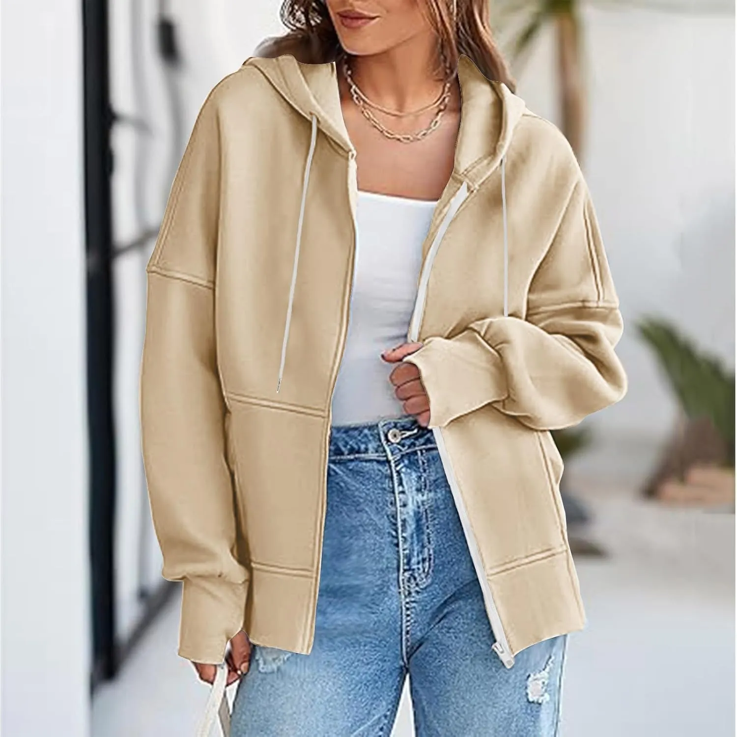 Women's Fashion Oversized Hoodie Long Sleeve Fleece Sweatshirt Full Zip Thumb Hole Pullover Pocket Casual Coat Tops