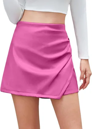 Women's Faux Leather Skorts High Waisted PU Leather Shorts Elastic Waist Ruched Wrap Short Cover Ups for Swimwear