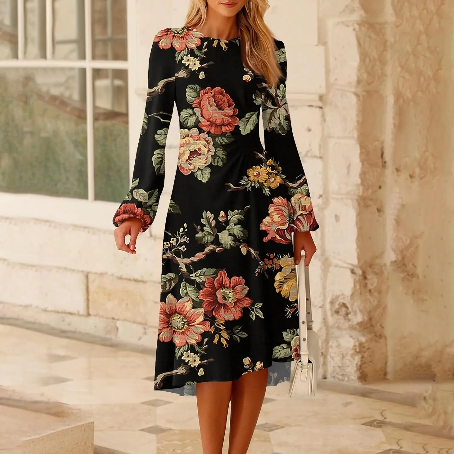 Women's Floral Midi Dress Casual Long Sleeve Wedding Guest Dresses Waisted Pleated Flowy Elegant Party Long Dresses