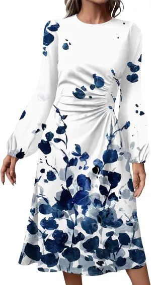Women's Floral Midi Dress Casual Long Sleeve Wedding Guest Dresses Waisted Pleated Flowy Elegant Party Long Dresses