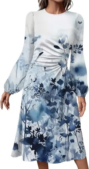 Women's Floral Midi Dress Casual Long Sleeve Wedding Guest Dresses Waisted Pleated Flowy Elegant Party Long Dresses