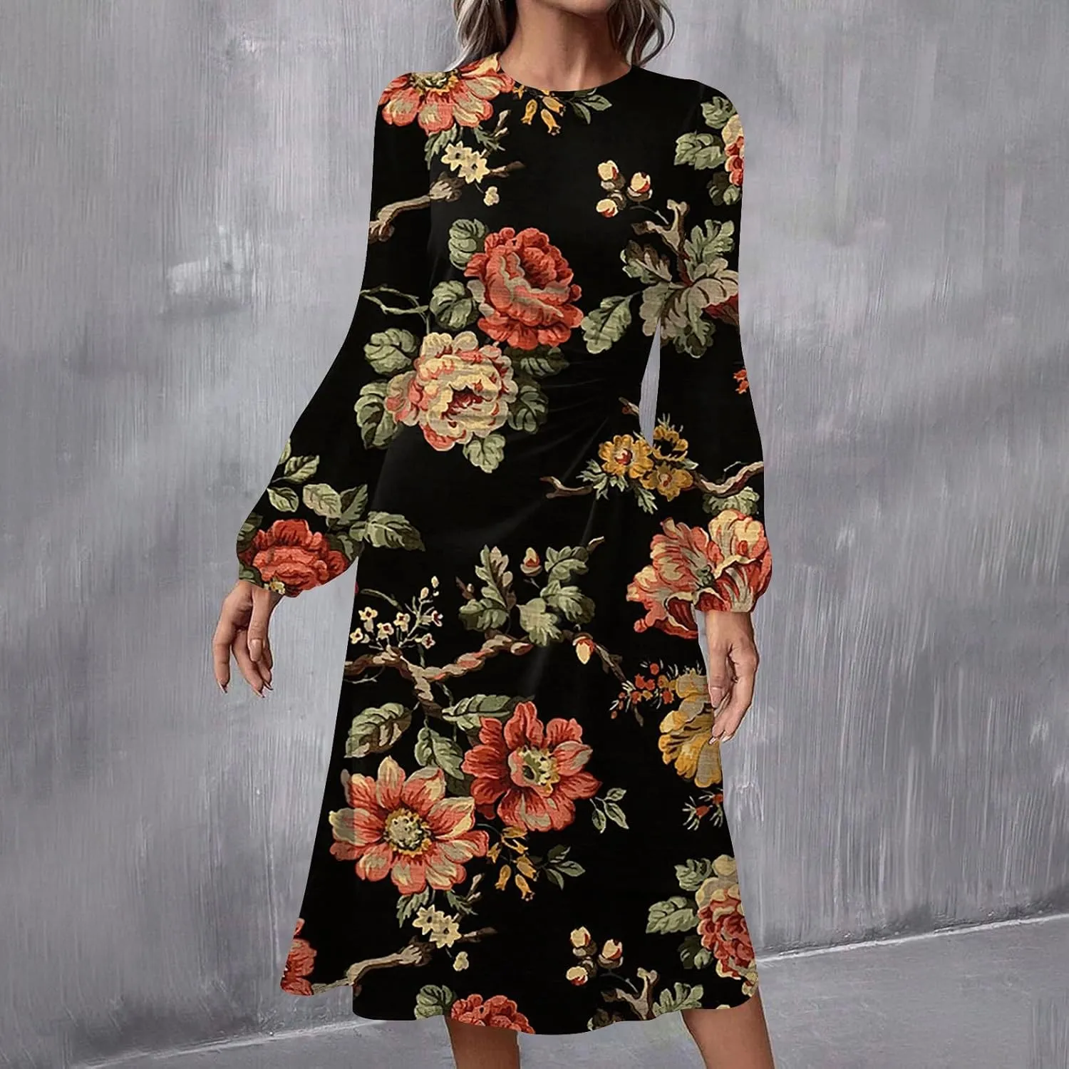 Women's Floral Midi Dress Casual Long Sleeve Wedding Guest Dresses Waisted Pleated Flowy Elegant Party Long Dresses
