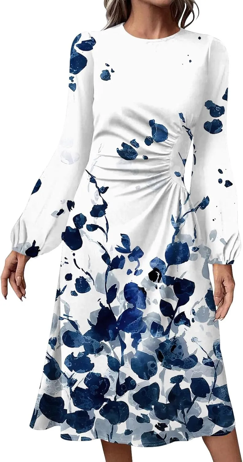 Women's Floral Midi Dress Casual Long Sleeve Wedding Guest Dresses Waisted Pleated Flowy Elegant Party Long Dresses
