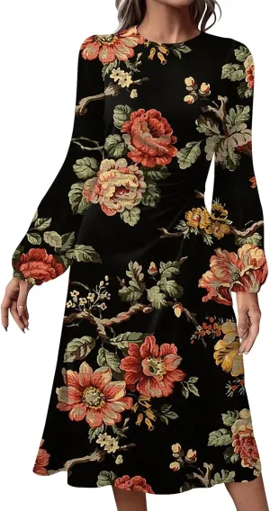 Women's Floral Midi Dress Casual Long Sleeve Wedding Guest Dresses Waisted Pleated Flowy Elegant Party Long Dresses