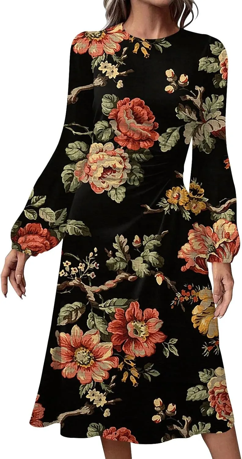 Women's Floral Midi Dress Casual Long Sleeve Wedding Guest Dresses Waisted Pleated Flowy Elegant Party Long Dresses
