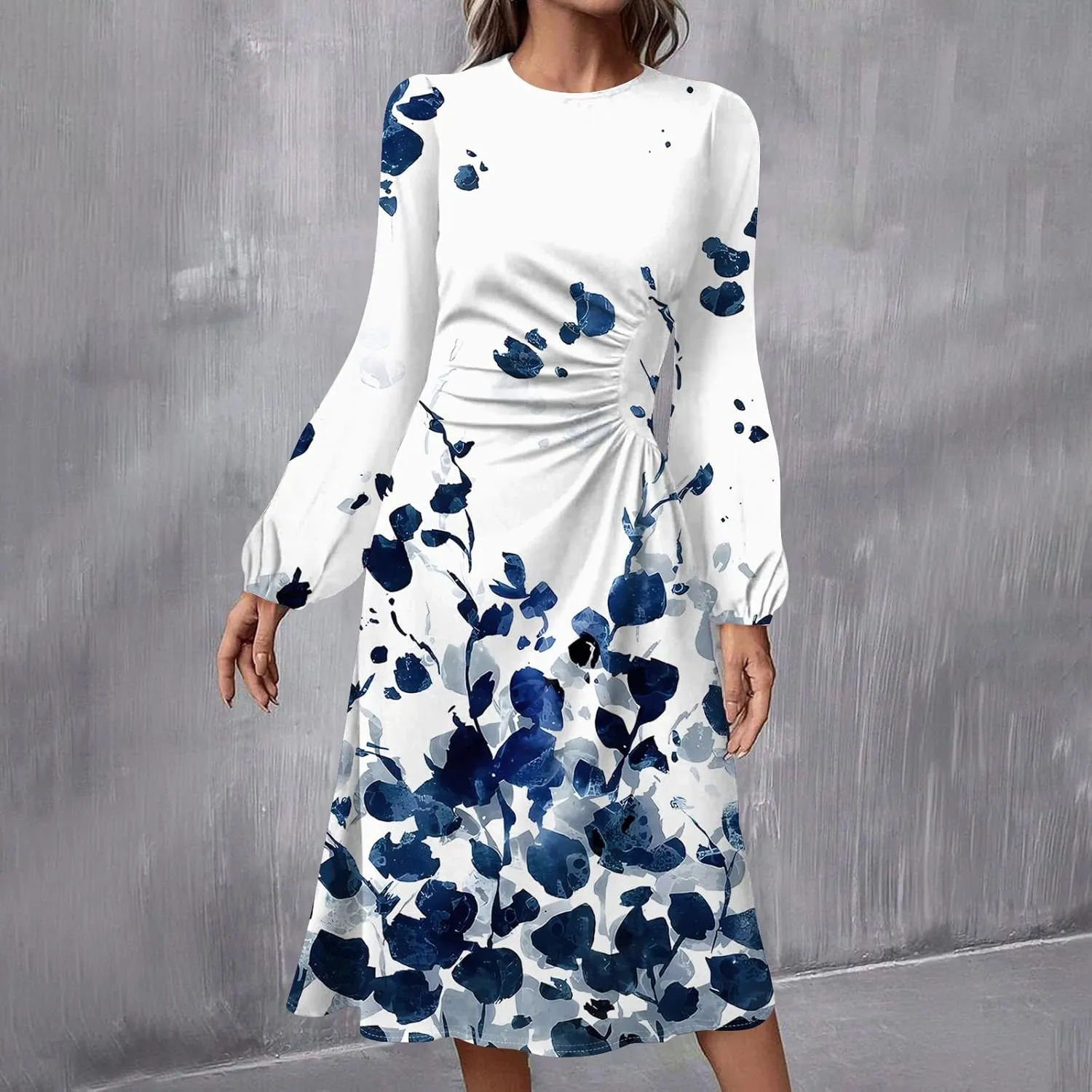Women's Floral Midi Dress Casual Long Sleeve Wedding Guest Dresses Waisted Pleated Flowy Elegant Party Long Dresses