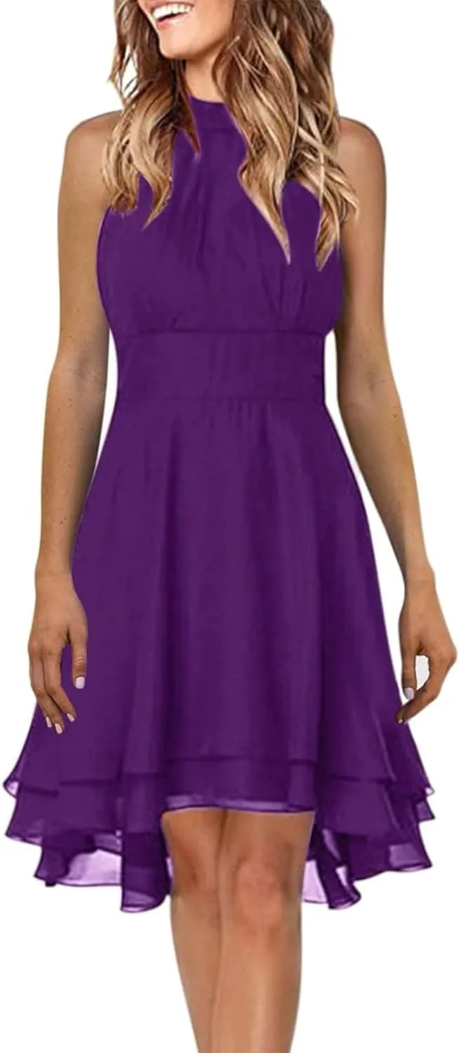 Womens Formal Off Shoulder Chiffon Halter Dresses Trendy Plus Size Sexy Sleeveless Smocked Flowy Elegant Midi Dress