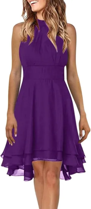 Womens Formal Off Shoulder Chiffon Halter Dresses Trendy Plus Size Sexy Sleeveless Smocked Flowy Elegant Midi Dress