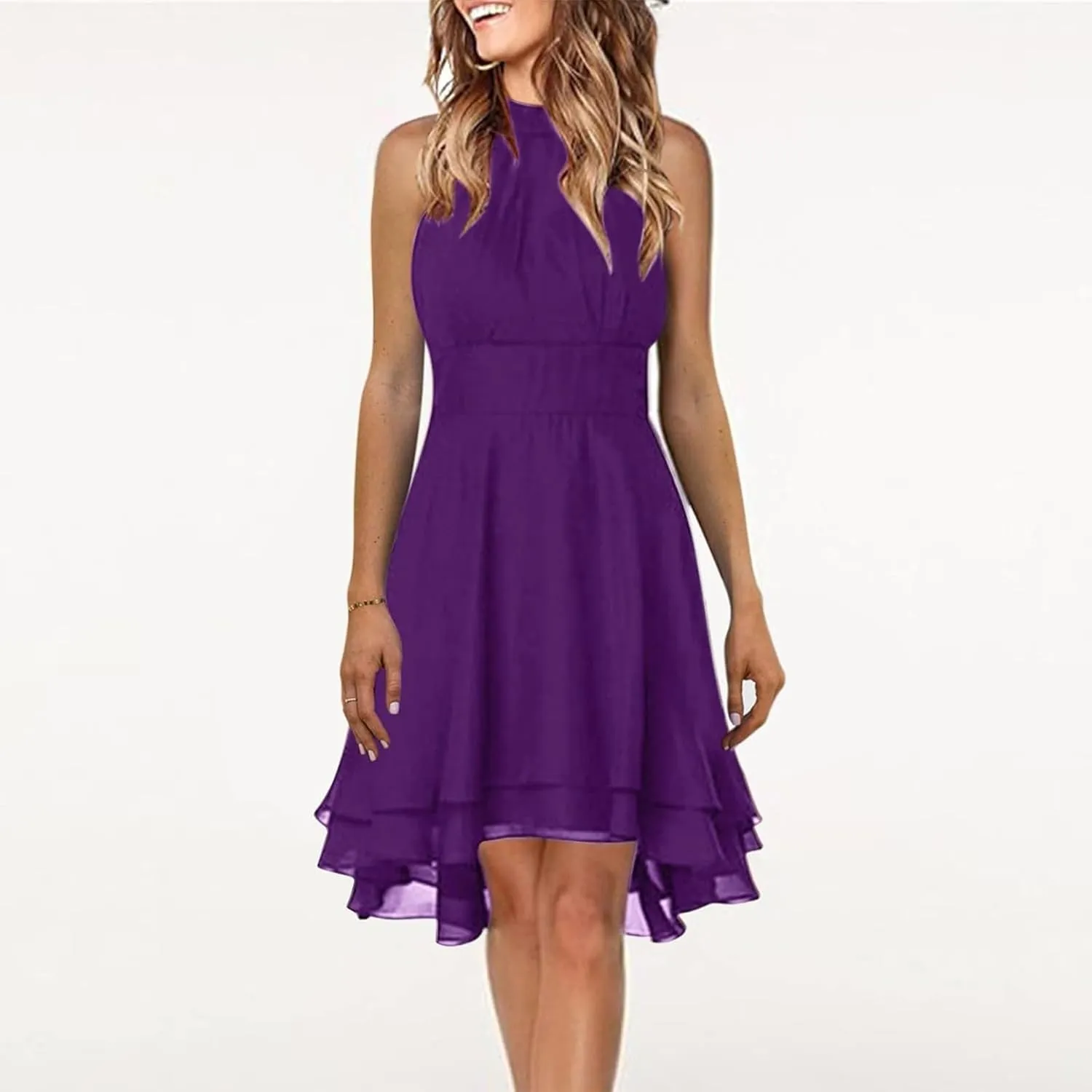 Womens Formal Off Shoulder Chiffon Halter Dresses Trendy Plus Size Sexy Sleeveless Smocked Flowy Elegant Midi Dress