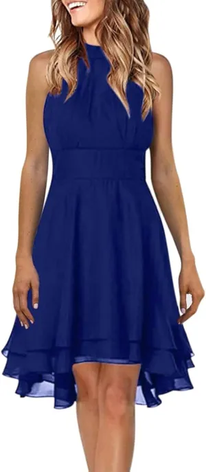 Womens Formal Off Shoulder Chiffon Halter Dresses Trendy Plus Size Sexy Sleeveless Smocked Flowy Elegant Midi Dress