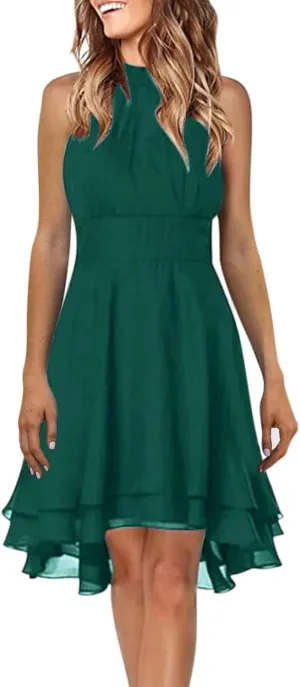 Womens Formal Off Shoulder Chiffon Halter Dresses Trendy Plus Size Sexy Sleeveless Smocked Flowy Elegant Midi Dress