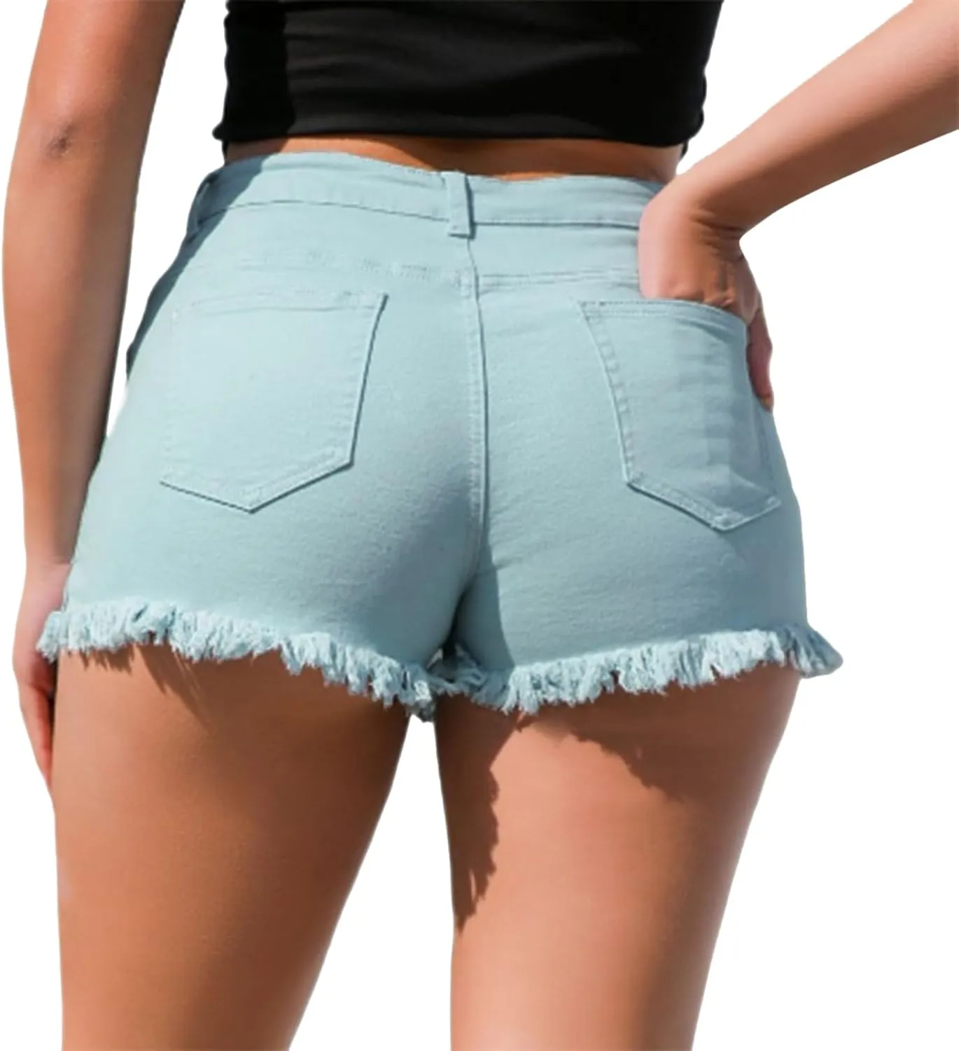 Women's Frayed Raw Hem Skinny Denim Shorts Mid Waist Stretchy Jean Shorts Casual Cuttoff Hot Short Pants with Pockets