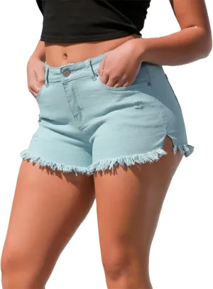 Women's Frayed Raw Hem Skinny Denim Shorts Mid Waist Stretchy Jean Shorts Casual Cuttoff Hot Short Pants with Pockets