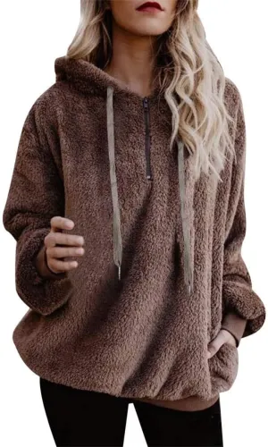 Womens Fuzzy Hoodies Sherpa Fleece Lined Sweatshirts Half Zipper Long Sleeve Pullover Casual Sport Hoodie Tops
