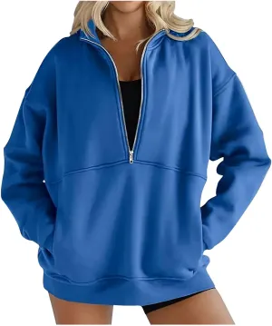 Women's Half Zip Sweatshirts Long Sleeve Drop Shoulder Pullover Casual Oversized Hoodies with Pocket