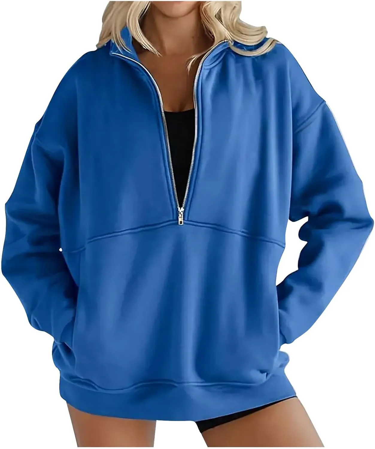 Women's Half Zip Sweatshirts Long Sleeve Drop Shoulder Pullover Casual Oversized Hoodies with Pocket