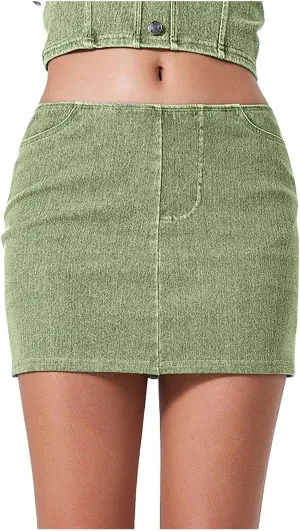 Women's High Waisted Denim Skort Solid Color Jeans Wrapped Shorts Side Pocket Cowboy Skorts Summer Bodycon Short