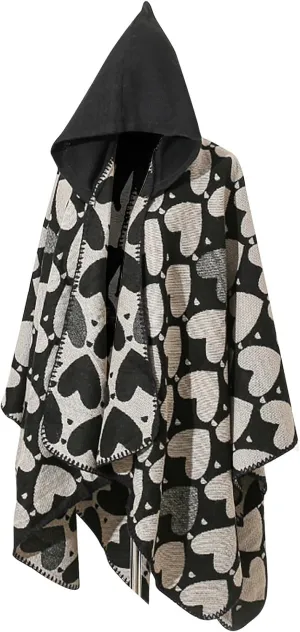 Women's Hooded Cloak Shawls Wraps Heart Print Scarf Shawl Soft Warm Poncho Cape Open Front Cardigan Coat