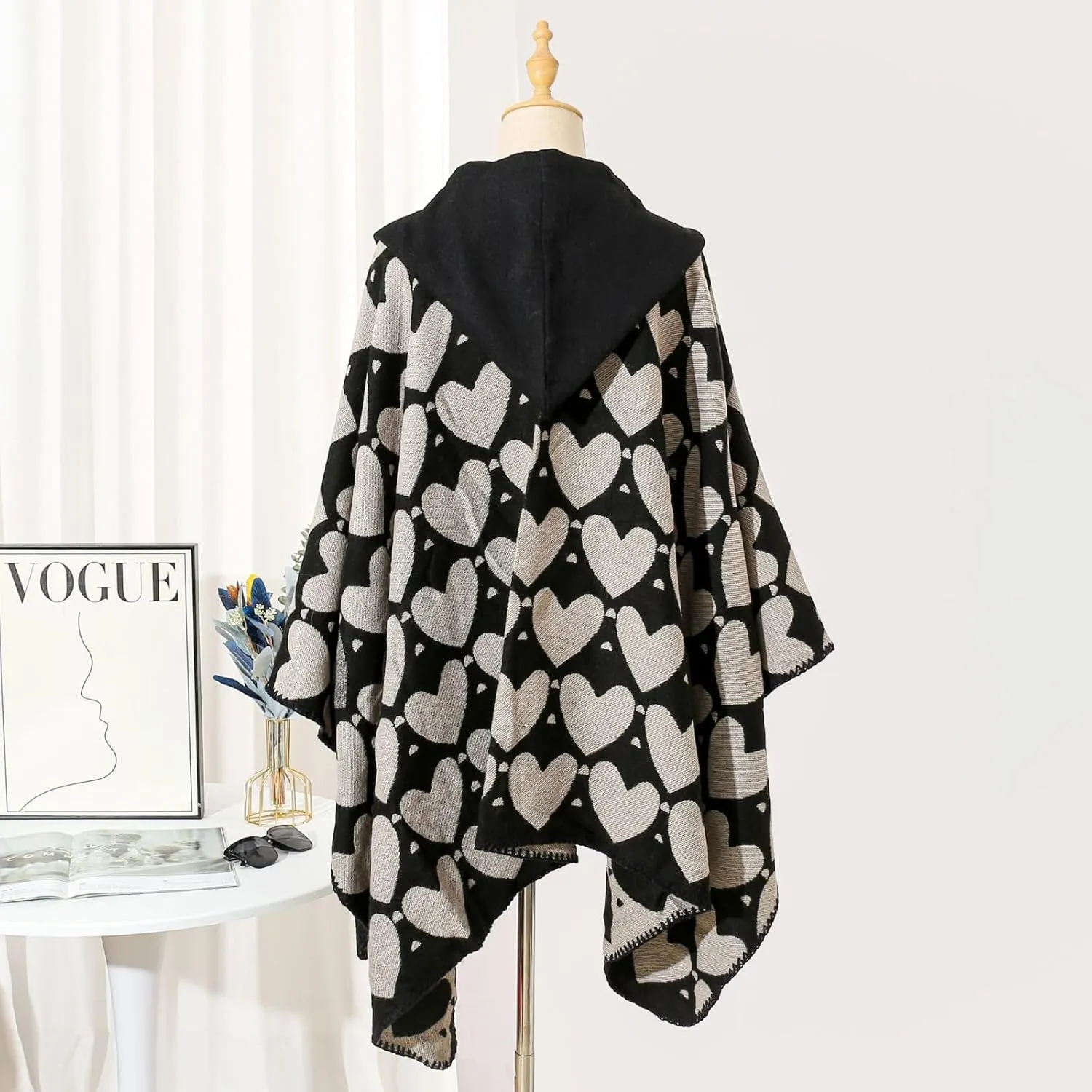Women's Hooded Cloak Shawls Wraps Heart Print Scarf Shawl Soft Warm Poncho Cape Open Front Cardigan Coat