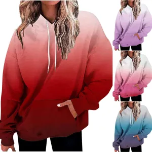 Women's Hoodies 2024 Gradient Long Sleeve Casual Oversized Sweatshirts Loose Fit Drawstring Trendy Pullover Tops