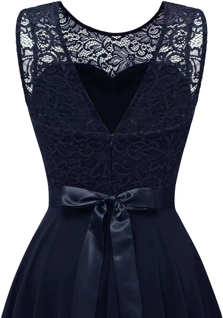 Womens Lace Crewneck High Low Evening Dresses Sleeveless High Waisted A Line Flare Hem Ruffle Chiffon Dress