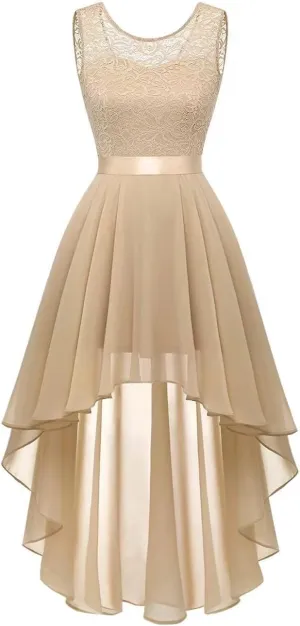 Womens Lace Crewneck High Low Evening Dresses Sleeveless High Waisted A Line Flare Hem Ruffle Chiffon Dress