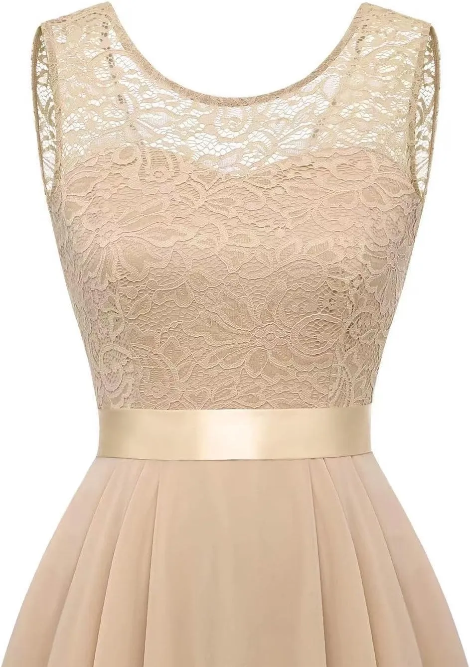 Womens Lace Crewneck High Low Evening Dresses Sleeveless High Waisted A Line Flare Hem Ruffle Chiffon Dress