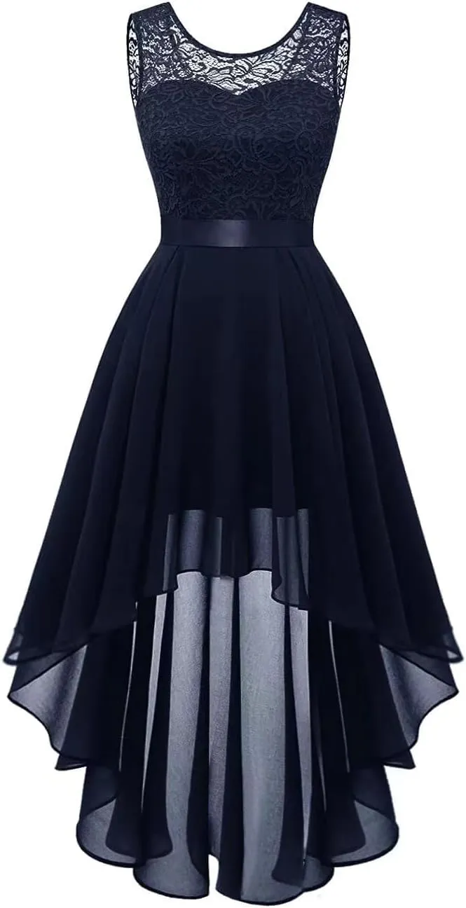 Womens Lace Crewneck High Low Evening Dresses Sleeveless High Waisted A Line Flare Hem Ruffle Chiffon Dress